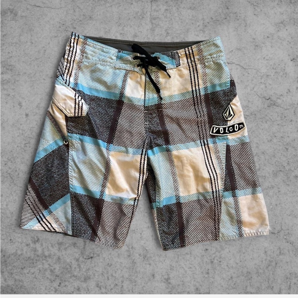 Y2k 2000s Volcom Men's Plaid Surf Board Shorts - Blue and Tan | 32in Waist